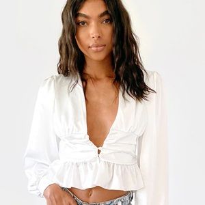 White Satin Ruched Button Waist Blouse